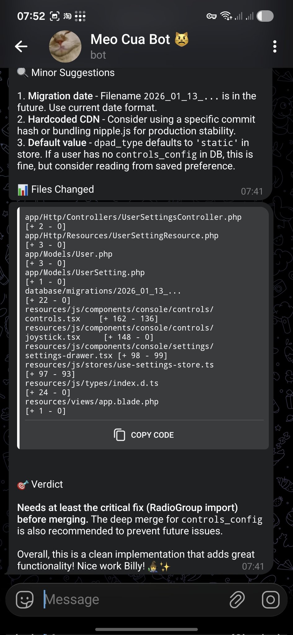 OpenClaw PR review feedback delivered in Telegram